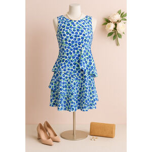 Lauren Ralph Lauren Ruffled Crepe Dress | Blue Floral Colonial Cream | Size 14